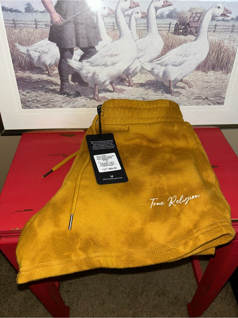 True Religion Mustard Drawstring Shorts with Script Logo - Picture 2 of 4